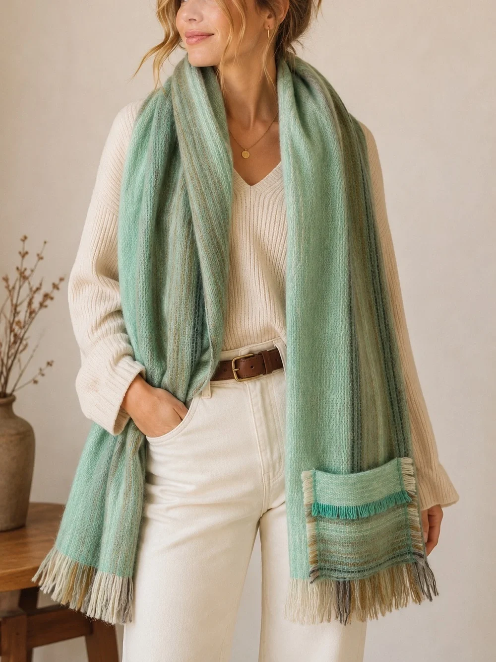 Ateljé Carding Bjursås Handwoven Mohair Blend Fringe Scarf Shawl Mint Green 64”